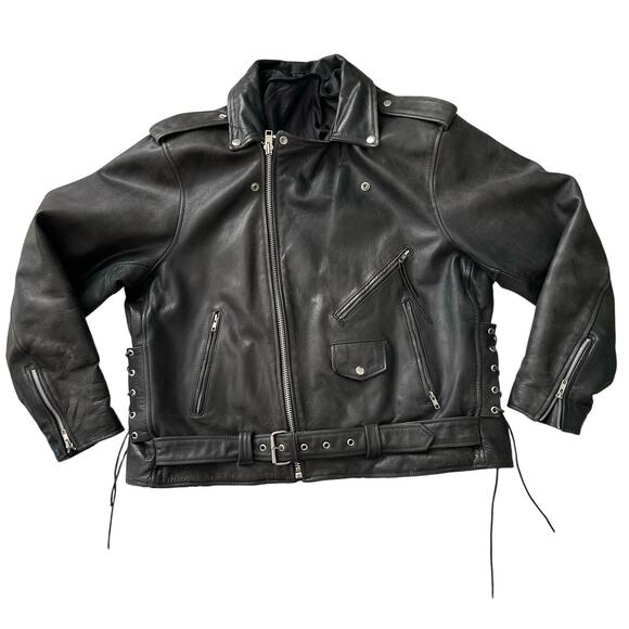 Echtes Leder VTG Biker Moto Belted Lined Distressed‎ Black Leather Jacket 52 XL - Picture 2 of 14